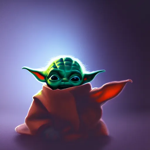 Prompt: baby yoda, trending on artstation, trending on deviantart, backlight, orange light, blue shadows, extreme reflections