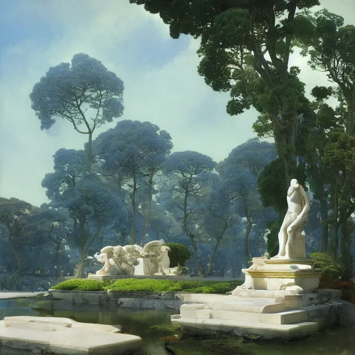 Prompt: gardens of marble draped in flowing sheets of cobalt blue satin, by ivan aivazovsky and syd mead and moebius and roger dean and wojciech siudmak and hayao miyazaki and pieter claesz and paul delaroche and alma tadema and aelbert cuyp and willem claesz, hyperrealistic, volumetric light, render