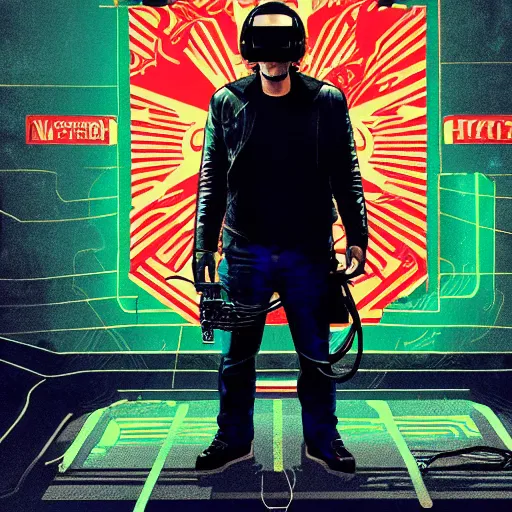 Prompt: Illustrated by Shepard Fairey and H.R. Geiger | Cyberpunk Keanu Reeves with VR helmet, surrounded by cables