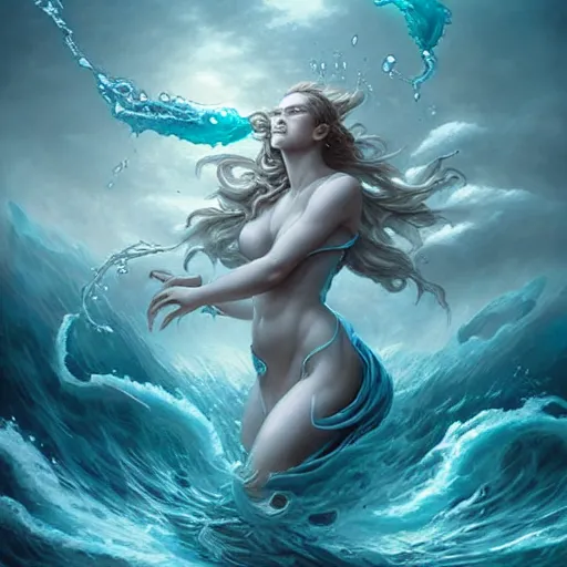 Prompt: portrait of a powerful goddess of water clothed in swirling water striding through a stormy sea, highly detailed matte fantasy painting, stormy lighting, by ross tran and artgerm and peter mohrbacher