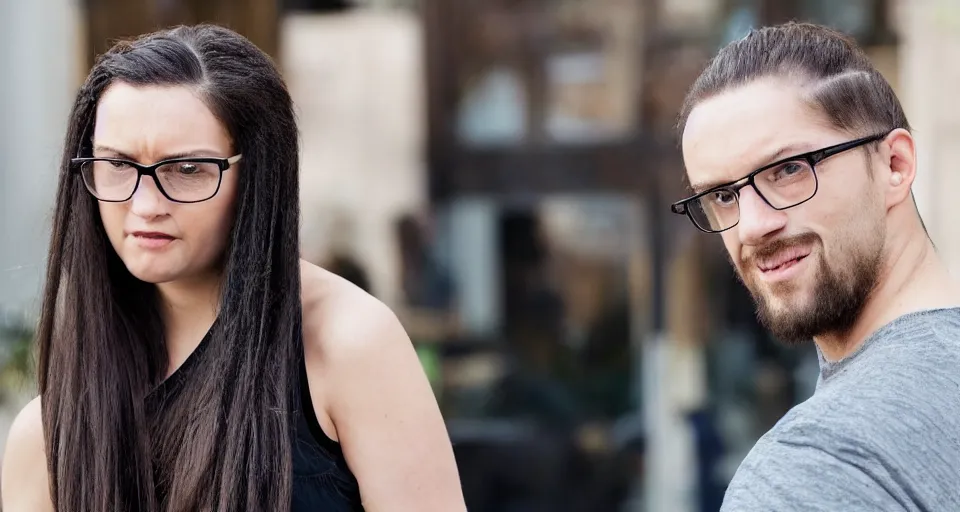 Prompt: a 2 8 year old girl with a ponytail and glasses says'no'to her boyfriend and then slaps the back of her boyfriend.
