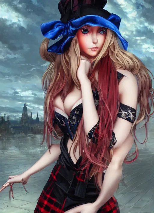 Prompt: absolutely beautiful art of an evil gyaru model with long blonde pigtails, a black top, a red plaid skirt, and knee high boots, expressive blue eyes, long red nails, japanese, villianess, art by artgerm, greg rutkowski, cyrine, alphonse mucha, beautiful colors and lighting, photorealistic digital art