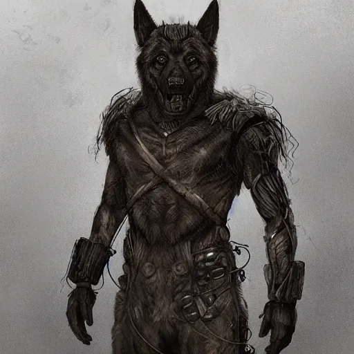 Prompt: a wounded humanoid german shepherd beast - man in military style, his hands are covered with wires, sitting on the bed, highly detailed portrait, digital painting, artstation, concept art, smooth, sharp foccus ilustration, artstation