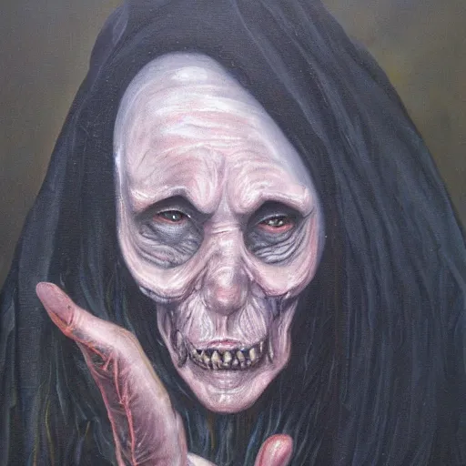 Image similar to creepy old cursed witch watching you sleep, eerie, haunted, oil painting