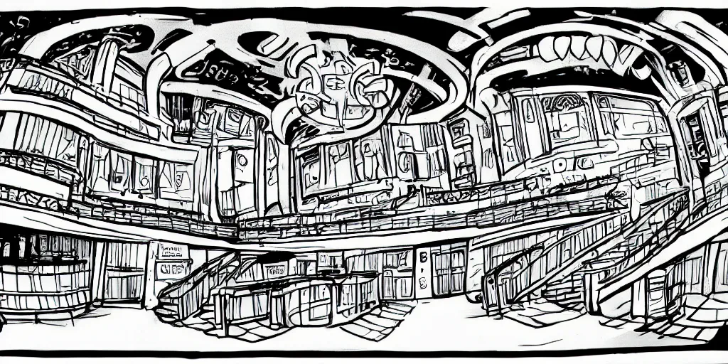 Image similar to a dimly lit, theater hall, 3 doors, 1 staircase, day of the tentacle style, drawn by Peter Chan, fish eye