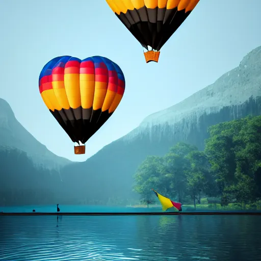 Image similar to photo of two black swans swimming in a beautiful reflective mountain lake, touching heads, forming a heart with their necks, a colorful hot air balloon is flying above the swans, hot air balloon, intricate, portrait, 8k highly professionally detailed, HDR, CGsociety, octane render, 4k