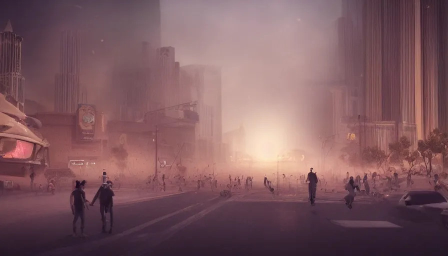 Prompt: Movie scene of huge sandstorm hitting Las Vegas with people fleeying, hyperdetailed, artstation, cgsociety, 8k