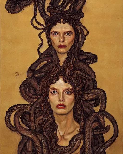 Prompt: portrait of medusa with many pythons by greg rutkowski in the style of egon schiele