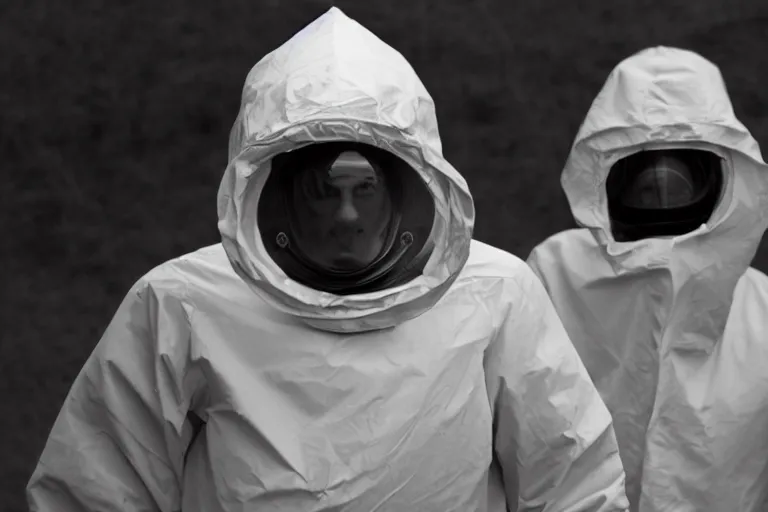 Image similar to man wearing hazmat suit in clean tent. by Roger Deakins