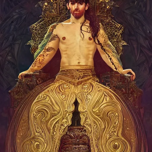 Prompt: Messi sitting on a majestic throne, closeup, D&D style, fantasy, intricate, elegant, highly detailed, digital painting, artstation, concept art, matte, sharp focus, illustration, art by Artgerm and Greg Rutkowski and Alphonse Mucha