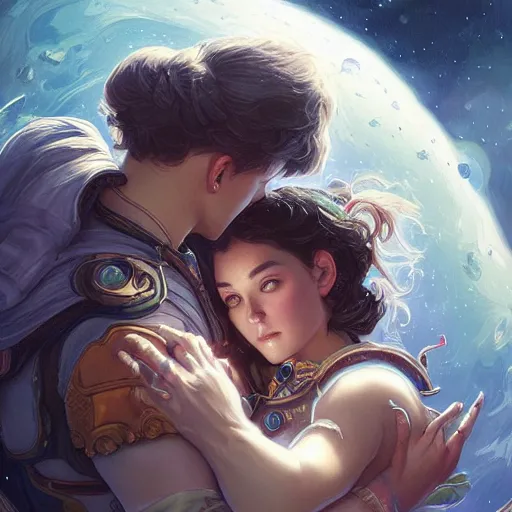 Image similar to a young couple hugging each other in space, D&D, fantasy, intricate, elegant, highly detailed, digital painting, artstation, concept art, matte, sharp focus, illustration, hearthstone, art by Artgerm and Greg Rutkowski and Alphonse Mucha