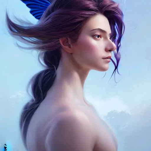 Prompt: 3 / 4 view of a portrait of woman with flowy hair, bird wings, confident pose, pixie, genshin impact,, intricate, elegant, sharp focus, illustration, highly detailed, concept art, matte, trending on artstation, bright colors, art by wlop and artgerm and greg rutkowski, marvel comics h 6 4 0