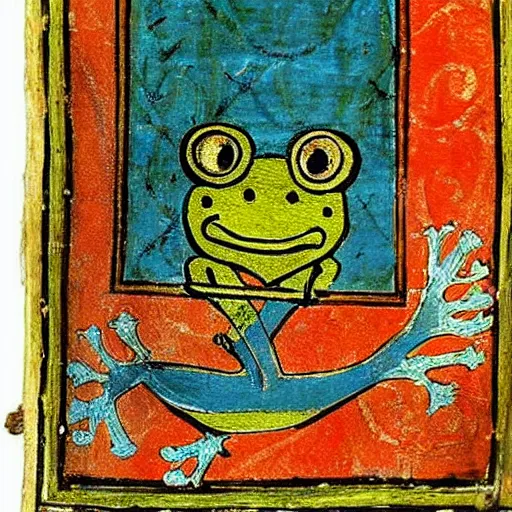 Image similar to beautiful medieval book manuscript painting of a frog wearing a crown