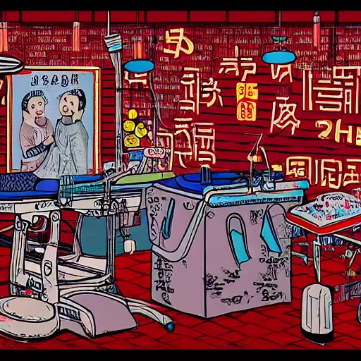 Image similar to chinese surgery operating table, in the style of daniel johnston and outsider art, 8k, line brush, overlaid with traditional chinese neon adverts