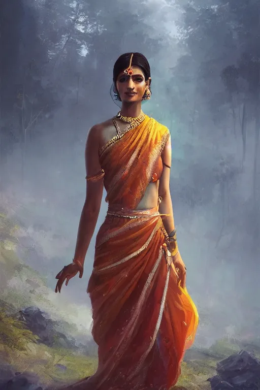 Image similar to beautiful young Indian woman in a dress, full body photo, intricate, elegant, volumetric lighting, scenery, digital painting, highly detailed, artstation, sharp focus, illustration, concept art, ruan jia, steve mccurry and Irakli Nadar