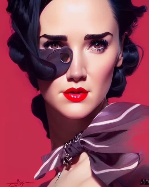 Image similar to a pin up and beautiful fashion charming dreamlke jennifer connelly, symmetrical face, symmetrical eyes, character art, art by artgerm lau and wlop and and ilya kuvshinov and john singer sargent, joshua middleton comic art