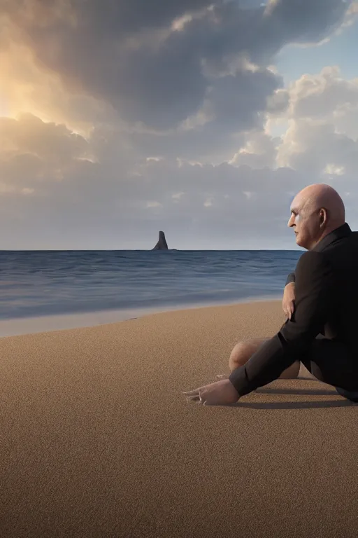 Prompt: Kevin O'Leary sitting on the beach looking to the sea at sunrise, concept art, octane render, unreal engine 5, trending on Artstation, high quality, highly detailed, 8K, soft lighting, godrays, path tracing, serene landscape, turbulent sea, high coherence, anatomically correct, hyperrealistic, sand, beautiful landscape, cinematic, clouds in the sky