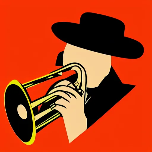 Prompt: simple vector graphic of a singular seated jazz musician with a bowler hat playing a sizzling trumpet solo, 8 colors