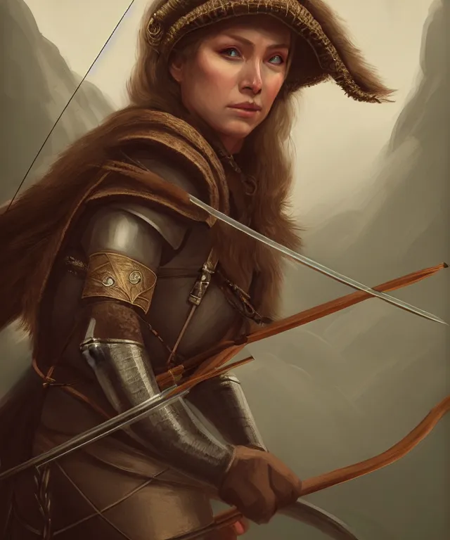 Prompt: cinematic portrait of a female archer in medieval outfit by miranda meeks, highly detailed, perfect features, in a mountain, mysterious, digital art, sharp focus, illustration, concept art, trending on artstation, romanticism, dnd