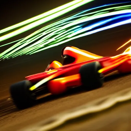 Prompt: young go - kart racer taking a corner at speed on a race track, motion blur lights, laser, smoke, debris, fast movement, light streaks, dark mood, night time