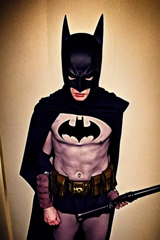 Image similar to batman cosplay, creepy, disturbing, bloody, darkness, grainy