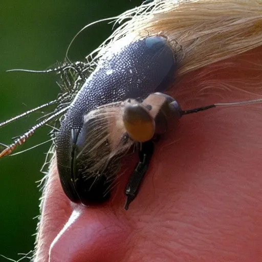 Prompt: a photograph of a fly with donald trump wig hair