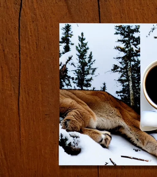 Image similar to torn up postcard showing 'a cougar sleeping in the middle of snowy pine tree' laying on coffee table, zoomed out shot, HD, iphone capture