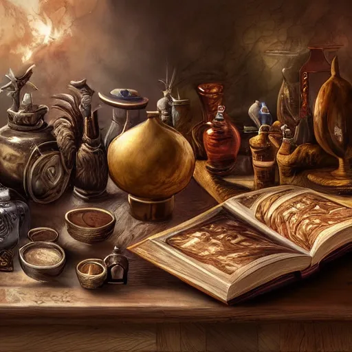 Image similar to hyper real, table, magic book, wizards laboratory, tony sart, mortar, pestle, scales, energy flowing, ancient brown map, beakers of colored liquid