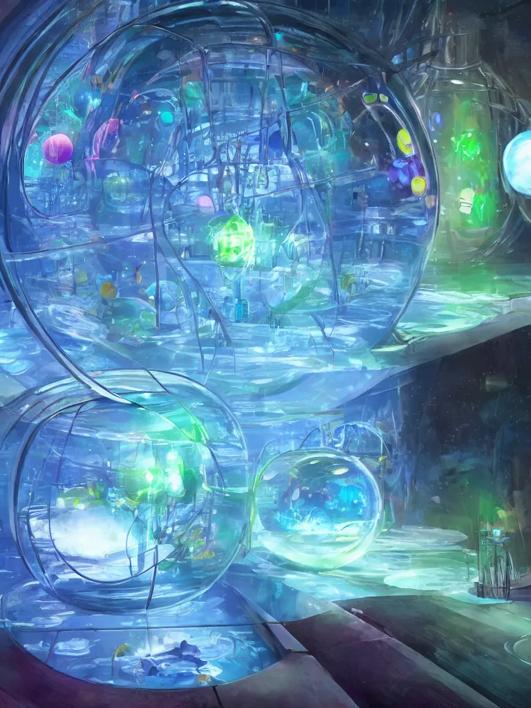 Prompt: neon orbs in a glass tank of water by disney concept artists, blunt borders, rule of thirds