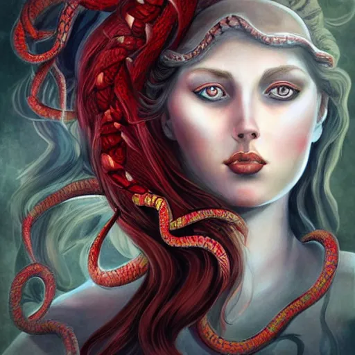 Image similar to realistic mythological greek medusa with red snakes on the head full body, by anna dittmann