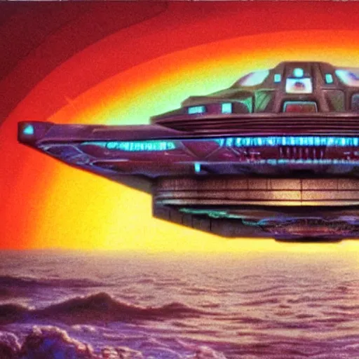 Prompt: floating holographic krang spaceship floating underneath rainbow gate bridge, art by bruce pennington, cinema still, film grain