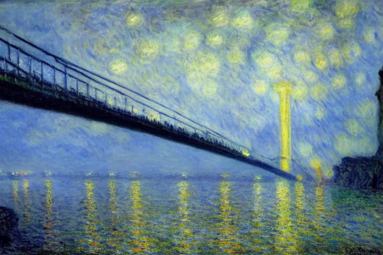 Image similar to beautiful painting of the clifton suspension bridge by claude monet, stormy night, lightning