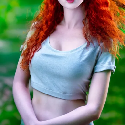 Prompt: full body detailed shot of a beautiful red haired woman with a beautiful face, green eyes high detail, looking at the camera, lush dreamy background, vaporware, 8 k