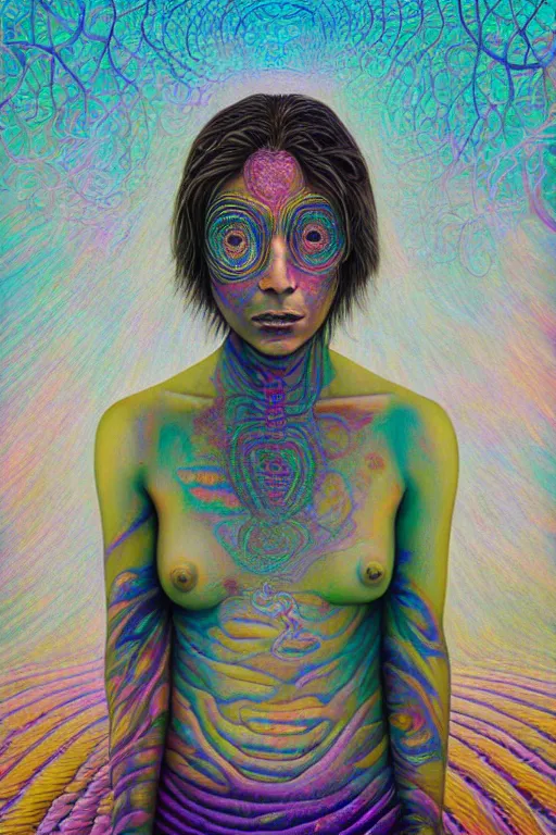 Image similar to ayahuasca tripping girl third eye open, chakra energy waves resonating from her body, ethereal aura, epic surrealism 8k oil painting, portrait, perspective, high definition, post modernist layering, by Sean Yoro, Casey Weldon