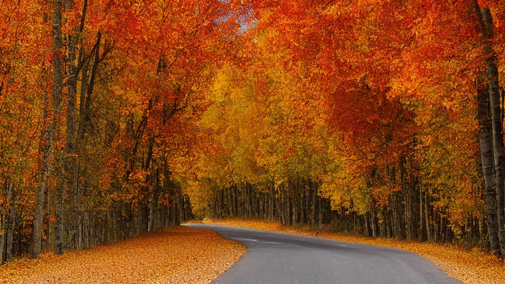 Prompt: a photograph of a country road lined on both sides by maple and poplar trees, in the autumn, red orange and yellow leaves, some leaves have fallen and are under the trees and on the road