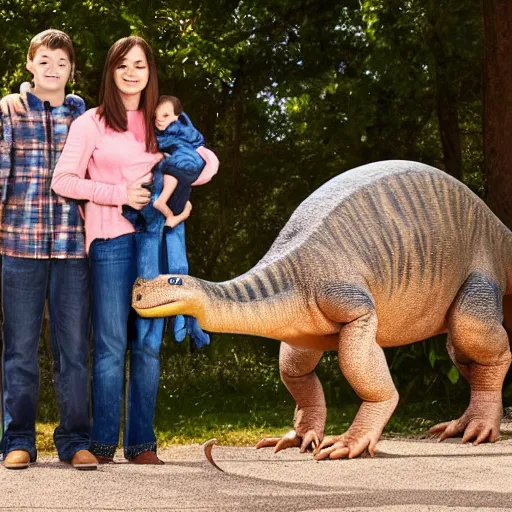 Prompt: a family portrait of a family with a pet dinosaur, cute, uhd, 8k, award winning,