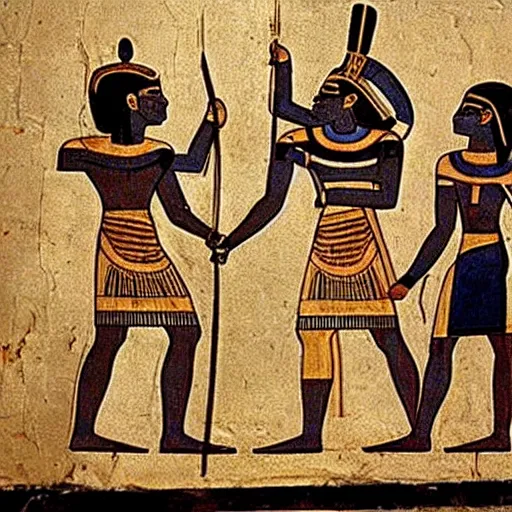 Image similar to An ancient Egyptian painting depicting an argument over whose turn it is to take out the trash