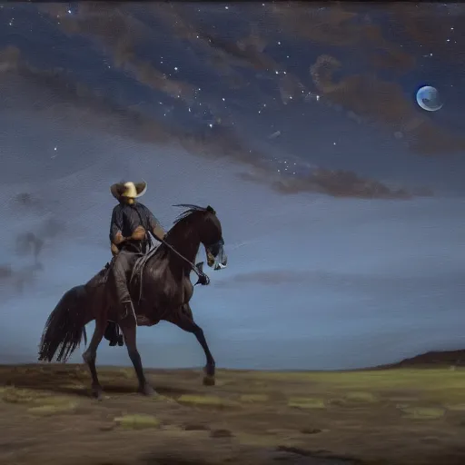 Prompt: a dark oil painting of a cowboy riding a horse towards a glowing blue ring suspended in the night sky