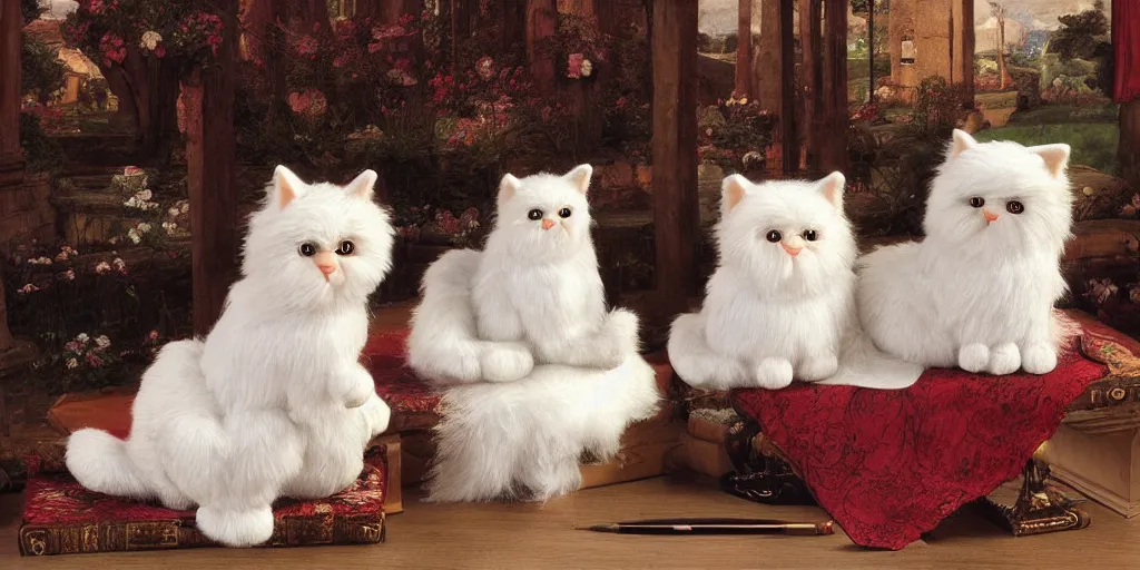 Prompt: 3 d precious moments plush cat, sitting in a castle, realistic fur, stuffed animal, master painter and art style of john william waterhouse and caspar david friedrich and philipp otto runge