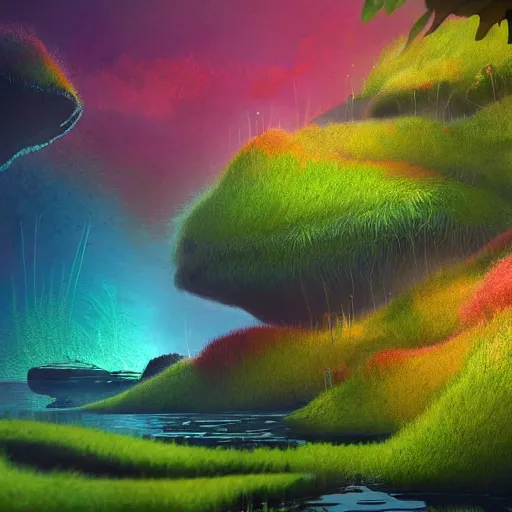 Image similar to beautiful digital painting of a lush natural scene on a colourful alien planet by vincent bons. ultra sharp high quality digital render. detailed. beautiful landscape. weird vegetation. water. soft colour scheme. grainy.