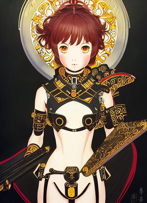 Image similar to ilya kuvshinov anime knight girl in ornate armor, last exile, murata range, fine detail, perfect anime face, dramatic lighting, dynamic composition, gustav klimt, art deco, cel shading, vivid, rich texture, ( ( ( yoshinari yoh ) ) ), alphonse mucha, ( ( ( colorful ) ) ),