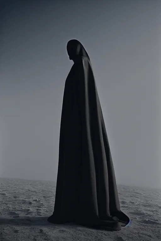 Image similar to a girl wearing long futuristic dark cloak by yohji yamamoto standing in a shadow of the moon light, sense of mystery, muted colors, simple shapes, long shot, full shot, by bill henson, by gregory crewdson, golden ratio, perfect composition, dramatic, fine detail, intricate, octane render, 8 k