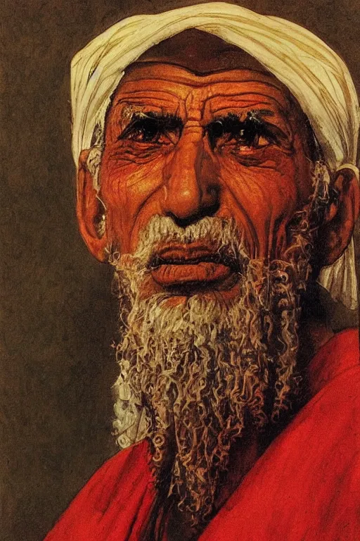 Prompt: a closer hero portrait of a a very old egyptian priest with very piercing eyes, very charismatic. in old egypt. masterpiece, dramatic light and shadow, saturated colors, ciaroscuro. painted by carl larsson