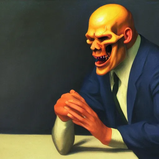 Image similar to a crying man who is screaming, his head is a skull, he wears a suit, in the style of Edward Hopper, 4k,