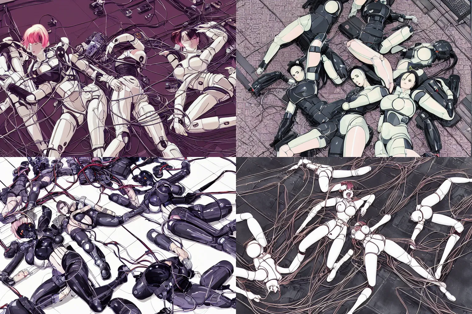 Prompt: an illustration of a group of four ultra-coherent female androids in style of masamune shirow, lying scattered across an empty, white floor with their bodies rotated in different poses and cables and wires coming out, by yukito kishiro and katsuhiro otomo, hyper-detailed, intricate