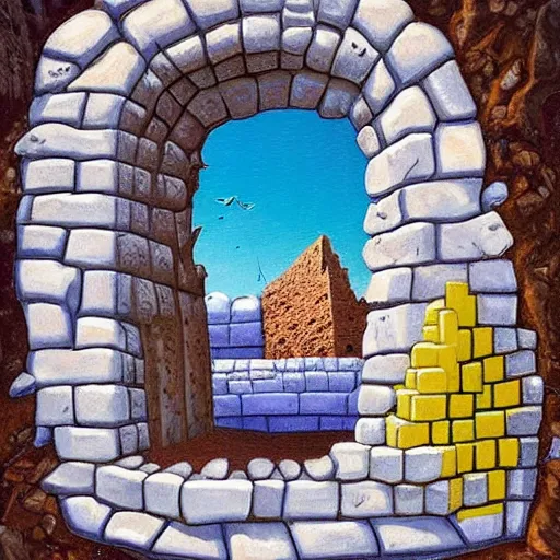 Prompt: a vivid surrealist painting of a melting, gooey, medieval ruin made out of melting ice cream, the walls are wavy and slowly melting under the heat of the sun. made of melting ice iglo bricks on a hill in the mountains and forest on a scorching hot day, in the style of dali