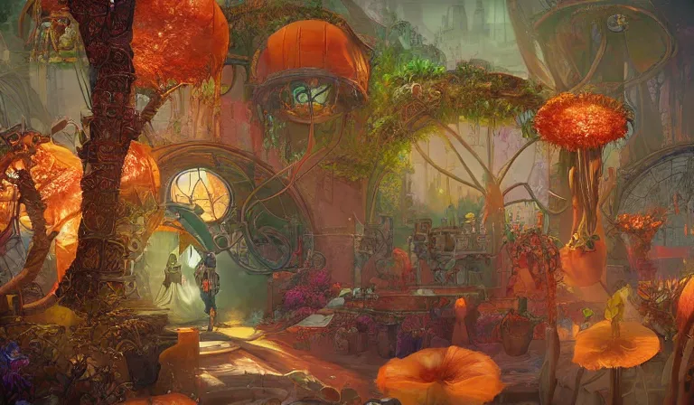 Image similar to dreamlike dieselpunk garden fantasycore, glossy painting, Art Nouveau Cosmic 4k Detailed Matte Illustration featured on Getty Images ,CGSociety, Jade and Carrot orange color scheme, Pastiche by Marc Simonetti, Pastiche by Cedric Peyravernay