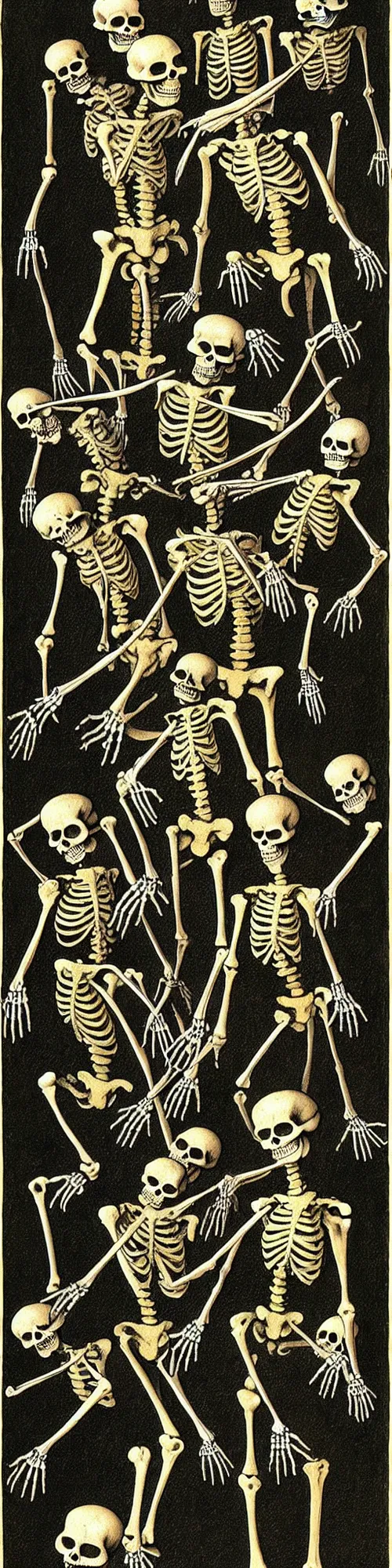 Image similar to skeletons dancing, hieronymus bosch, victor moscoso