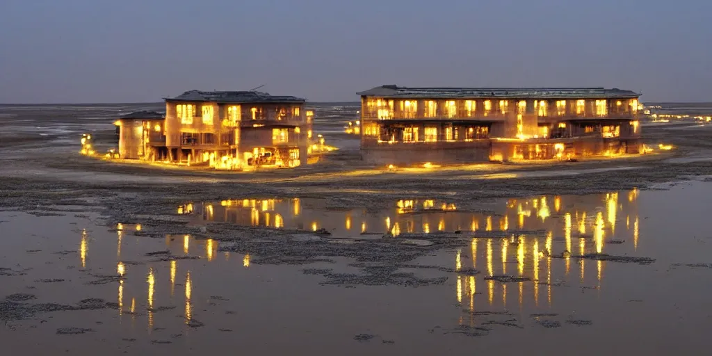 Prompt: at night, there is a lonely hotel on the edge of the yellow river tidal flat that still emits warm lights, details of the hotel, very detailed, very detailed, a lonely star, a lonely boat, a lonely lamp