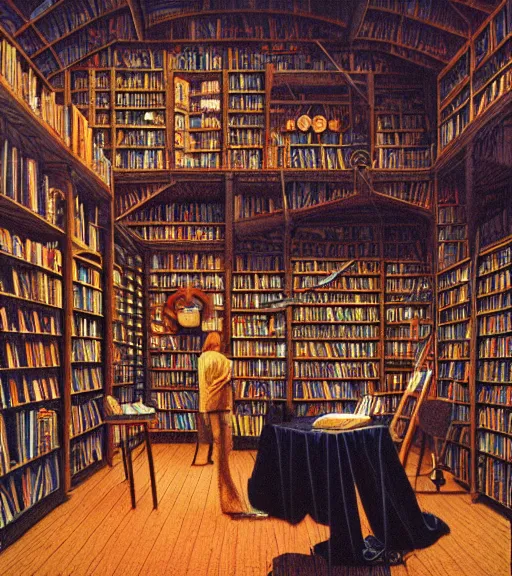 Prompt: cozy independent bookstore. vantablack cloth technology, vintage shapes, retro technology, happy colors dariusz zawadzki, tim hildebrandt, wayne barlow, bruce pennington, larry elmore, oil on canvas, deep depth field, masterpiece, cinematic composition. dramatic zoom, hyperdetailed, hd, hdr